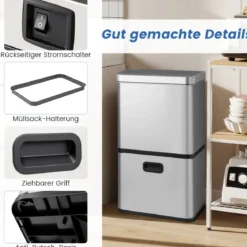 56L Edelstahl Mülleimer mit Bewegungssensor & 2 Abfallbehältern & Soft-Close-Abdeckung Abfalleimer Silber