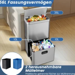 56L Edelstahl Mülleimer mit Bewegungssensor & 2 Abfallbehältern & Soft-Close-Abdeckung Abfalleimer Silber