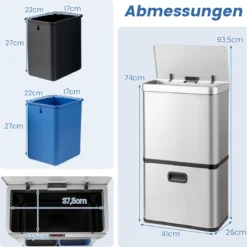 56L Edelstahl Mülleimer mit Bewegungssensor & 2 Abfallbehältern & Soft-Close-Abdeckung Abfalleimer Silber