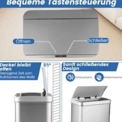 56L Edelstahl Mülleimer mit Bewegungssensor & 2 Abfallbehältern & Soft-Close-Abdeckung Abfalleimer Silber