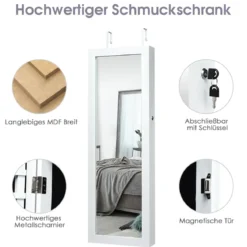 LED Schmuckschrank mit Ganzkörperspiegel Tür- und Wandmontage 37 x 9.5 x 108 cm Weiß