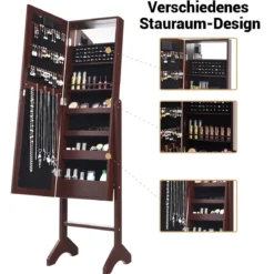 18 LED-Schmuckschrank mit Ganzkörperspiegel & Schminkspiegel Neigungsverstellbar Braun