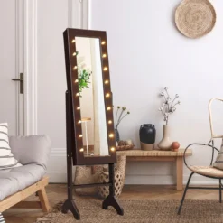18 LED-Schmuckschrank mit Ganzkörperspiegel & Schminkspiegel Neigungsverstellbar Braun