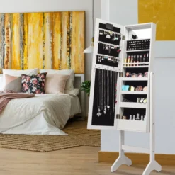 18 LED-Schmuckschrank neigungsverstellbar Schmuckregal Spiegelschrank für Makeup Weiß
