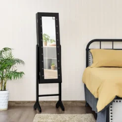 18 LED-Schmuckschrank neigungsverstellbar stehendes Design Schmuckregal mit Ganzkörperspiegel 35× 31,5 x 145 cm Schwarz