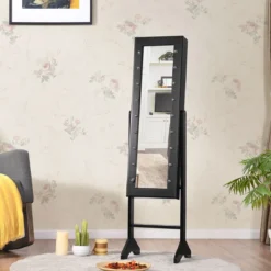 18 LED-Schmuckschrank neigungsverstellbar stehendes Design Schmuckregal mit Ganzkörperspiegel 35× 31,5 x 145 cm Schwarz