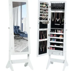 LED Schmuckschrank Schmuckregal abschließbar Schmuck Spiegelschrank neigungsverstellbar 39 x 37 x 153 cm Weiß
