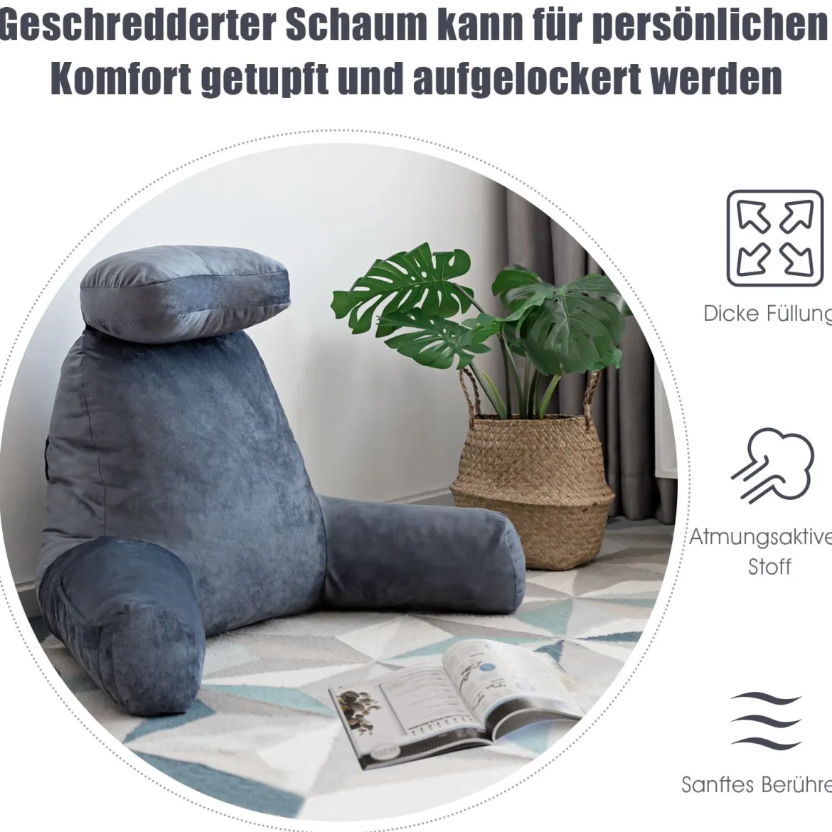 Lesekissen abnehmbar Keilkissen Sitzkissen Rückenkissen mit Stützarmen Grau