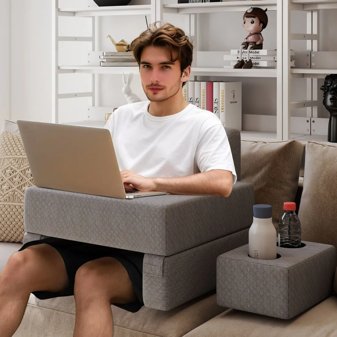 Lesekissen für Bett & Sofa Bücherkissen mit Getränkehalter Ergonomisches Rückenkissen Grau