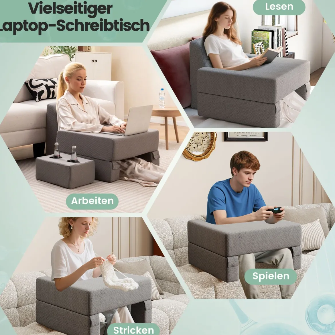 Lesekissen für Bett & Sofa Bücherkissen mit Getränkehalter Ergonomisches Rückenkissen Grau