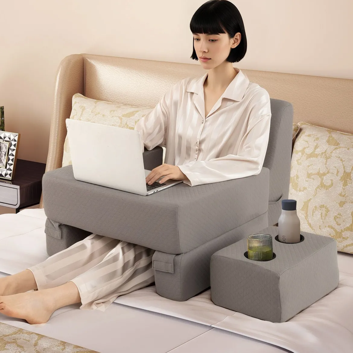 Lesekissen für Bett & Sofa Bücherkissen mit Getränkehalter Ergonomisches Rückenkissen Grau