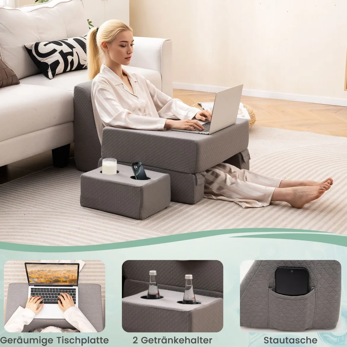 Lesekissen für Bett & Sofa Bücherkissen mit Getränkehalter Ergonomisches Rückenkissen Grau
