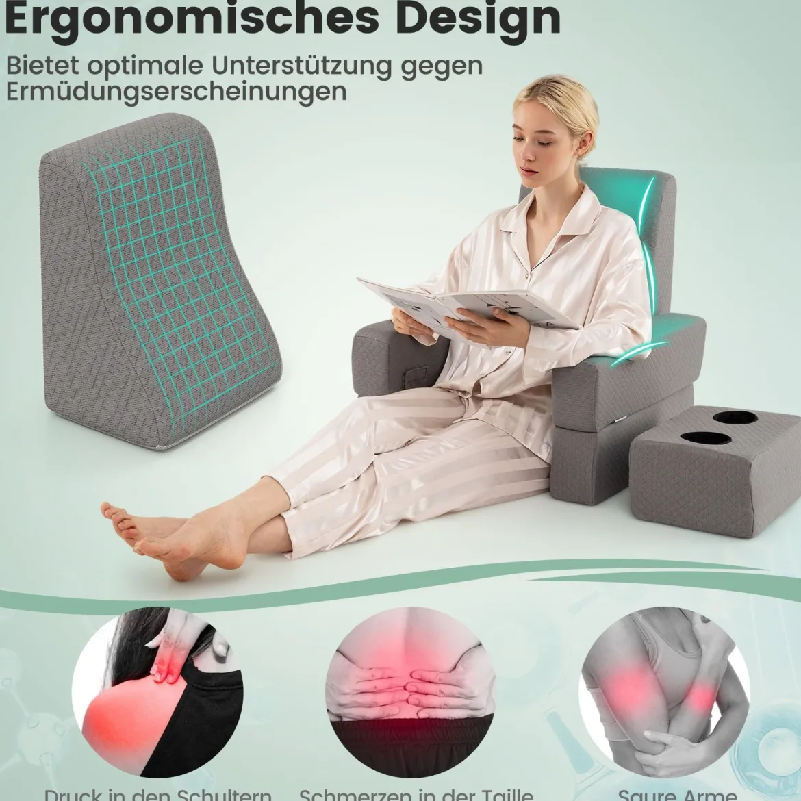 Lesekissen für Bett & Sofa Bücherkissen mit Getränkehalter Ergonomisches Rückenkissen Grau