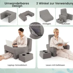 Lesekissen für Bett & Sofa Bücherkissen mit Getränkehalter Ergonomisches Rückenkissen Grau