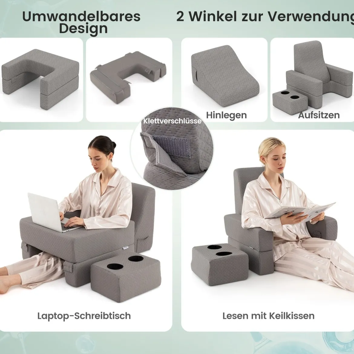 Lesekissen für Bett & Sofa Bücherkissen mit Getränkehalter Ergonomisches Rückenkissen Grau