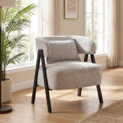 Lesesessel Sessel mit Kunstfell bezogen Loungesessel mit Lendenkissen & Metallbeinen moderner Relaxsessel Grau