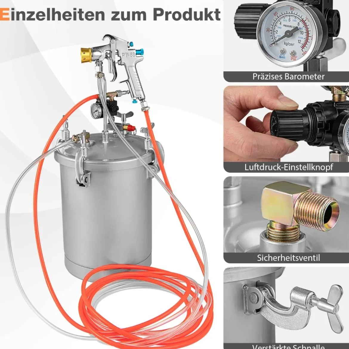 15-l-Farbtank mit Sprühpistole & anpassbarem Sprühbereich Farbfluss & Material & Luftschläuchen