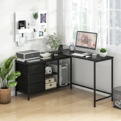 L-förmiger Computertisch mit Steckdose & 3 Stoffschubladen & Gitterablagen Eckschreibtisch Schwarz