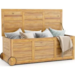 182L Gartenbox aus Holz auf Rollen mit Wasserfester Innentasche & Griff 127 x 50 x 45 cm