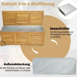 182L Gartenbox aus Holz auf Rollen mit Wasserfester Innentasche & Griff 127 x 50 x 45 cm