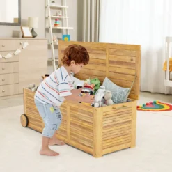 182L Gartenbox aus Holz auf Rollen mit Wasserfester Innentasche & Griff 127 x 50 x 45 cm