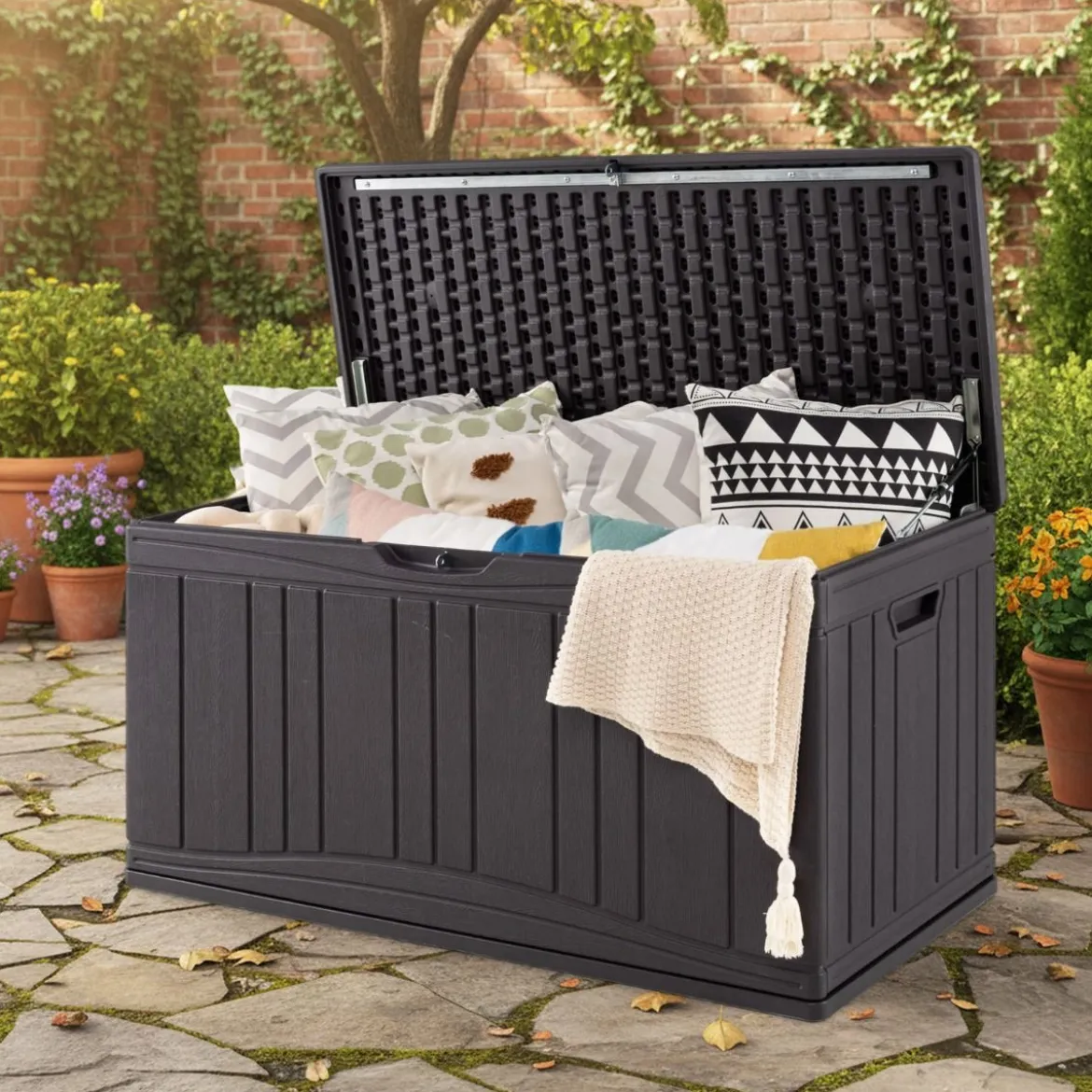 300 L Gartenbox großer HDPE-Aufbewahrungsbox mit Gasdruckfedern & abschließbarem Deckel Braun