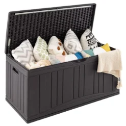 300 L Gartenbox großer HDPE-Aufbewahrungsbox mit Gasdruckfedern & abschließbarem Deckel Braun