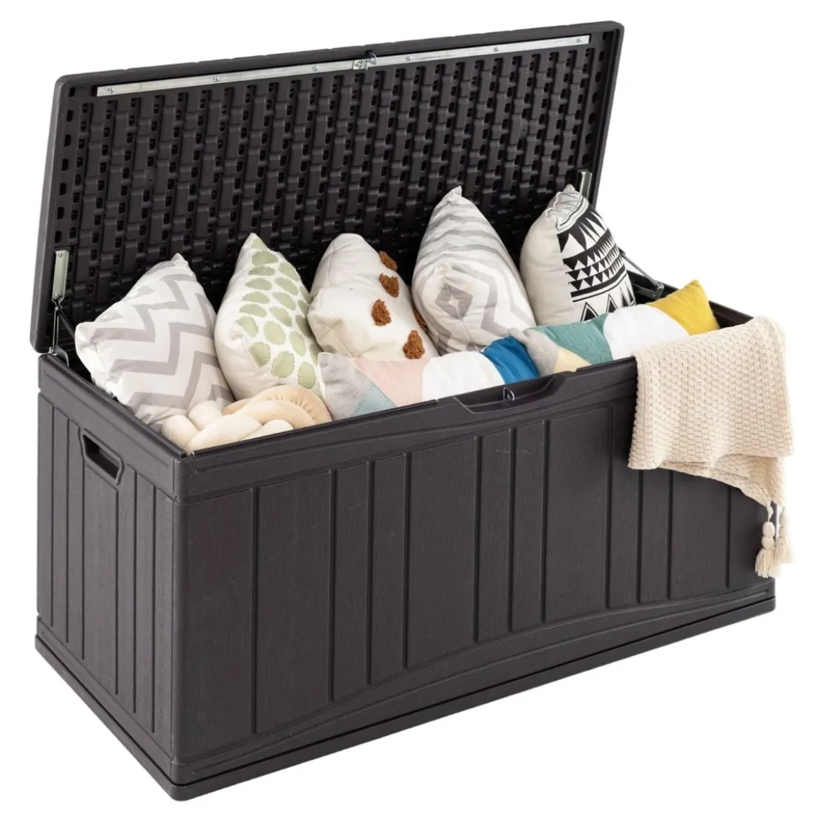 300 L Gartenbox großer HDPE-Aufbewahrungsbox mit Gasdruckfedern & abschließbarem Deckel Braun