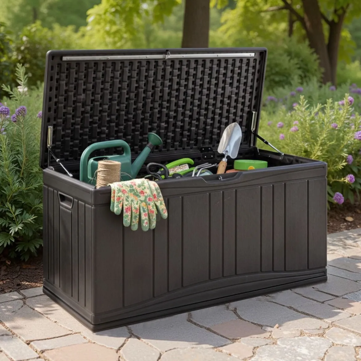 300 L Gartenbox großer HDPE-Aufbewahrungsbox mit Gasdruckfedern & abschließbarem Deckel Braun