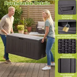 300 L Gartenbox großer HDPE-Aufbewahrungsbox mit Gasdruckfedern & abschließbarem Deckel Braun