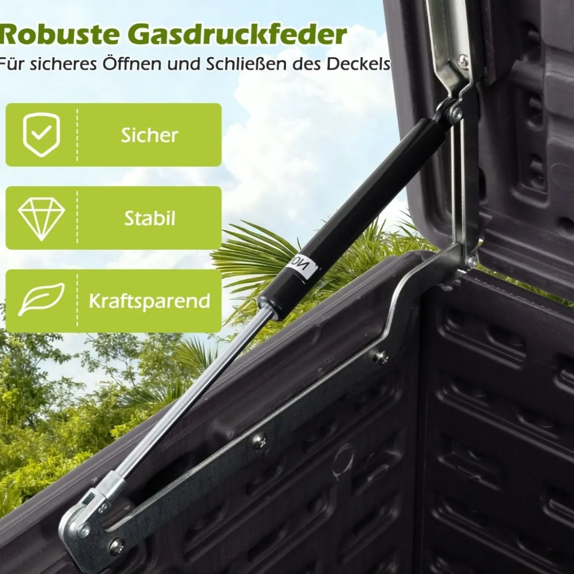 300 L Gartenbox großer HDPE-Aufbewahrungsbox mit Gasdruckfedern & abschließbarem Deckel Braun