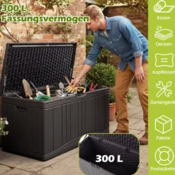 300 L Gartenbox großer HDPE-Aufbewahrungsbox mit Gasdruckfedern & abschließbarem Deckel Braun