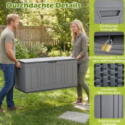 300 L Gartenbox großer HDPE-Aufbewahrungsbox mit Gasdruckfedern & abschließbarem Deckel Grau