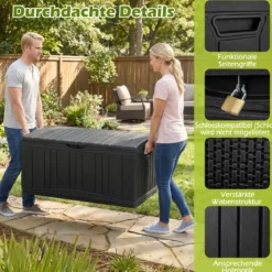 300 L Gartenbox großer HDPE-Aufbewahrungsbox mit Gasdruckfedern & abschließbarem Deckel Schwarz