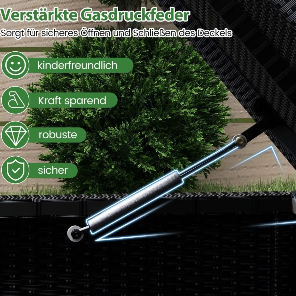 186L Gartenbox mit Schuhregal & Schutzliner & Deckel Polyrattan Auflagenbox Kissenbox Schwarz