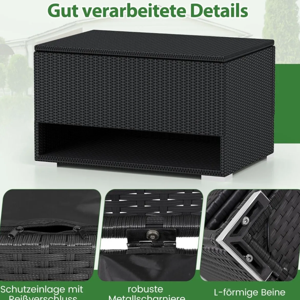186L Gartenbox mit Schuhregal & Schutzliner & Deckel Polyrattan Auflagenbox Kissenbox Schwarz