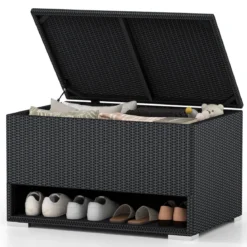186L Gartenbox mit Schuhregal & Schutzliner & Deckel Polyrattan Auflagenbox Kissenbox Schwarz