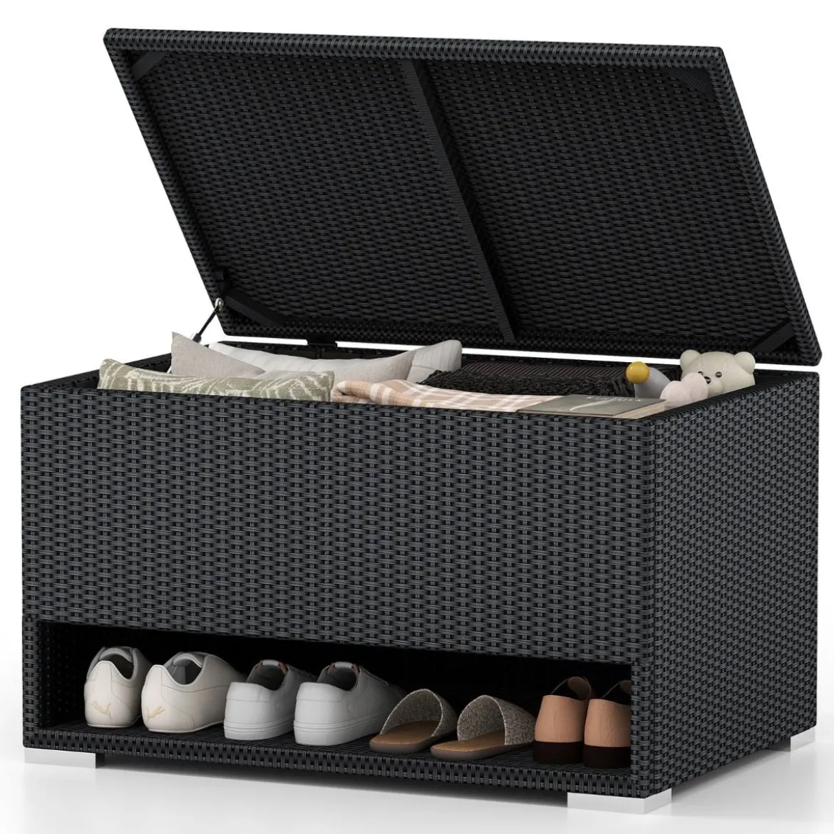 186L Gartenbox mit Schuhregal & Schutzliner & Deckel Polyrattan Auflagenbox Kissenbox Schwarz