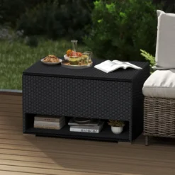 186L Gartenbox mit Schuhregal & Schutzliner & Deckel Polyrattan Auflagenbox Kissenbox Schwarz