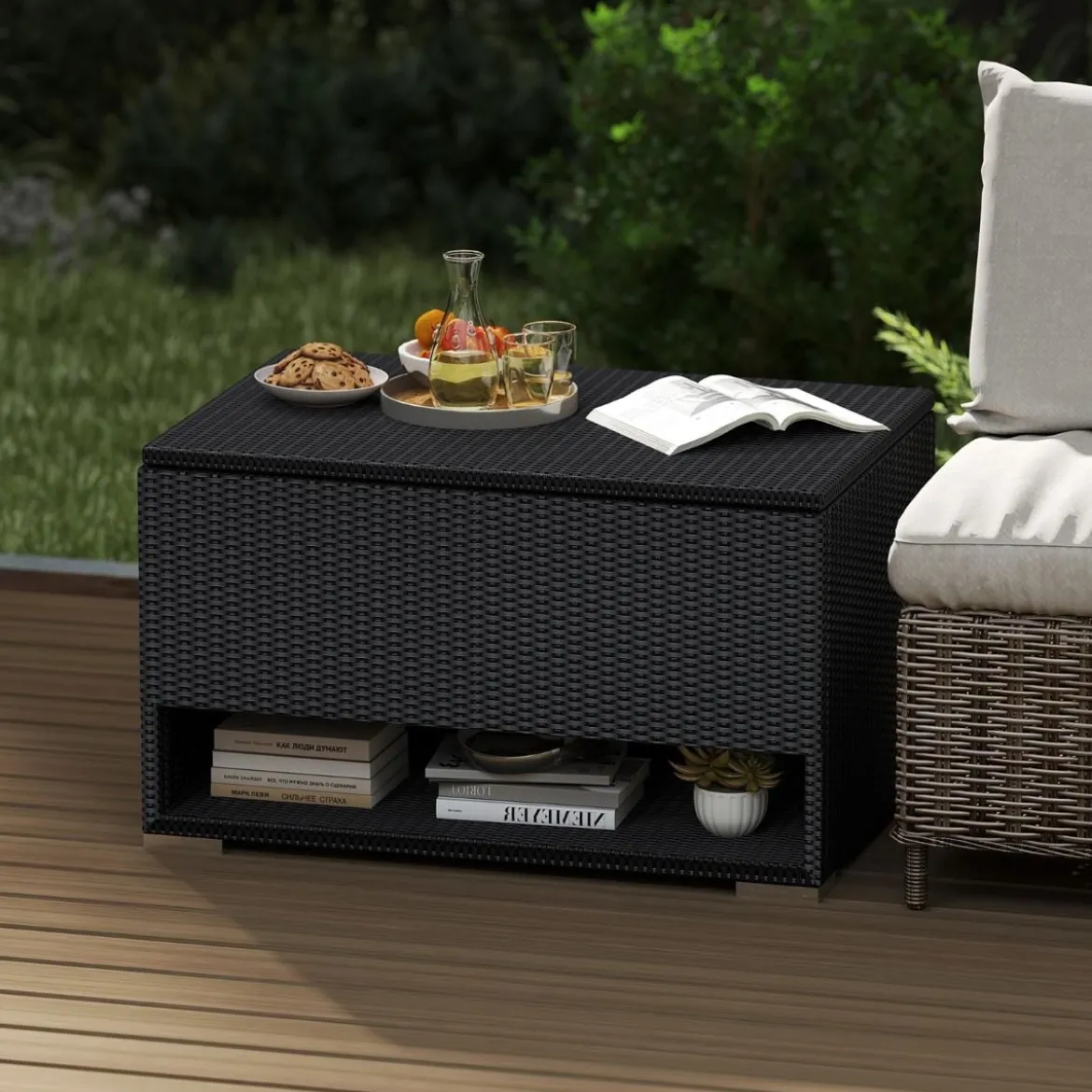 186L Gartenbox mit Schuhregal & Schutzliner & Deckel Polyrattan Auflagenbox Kissenbox Schwarz