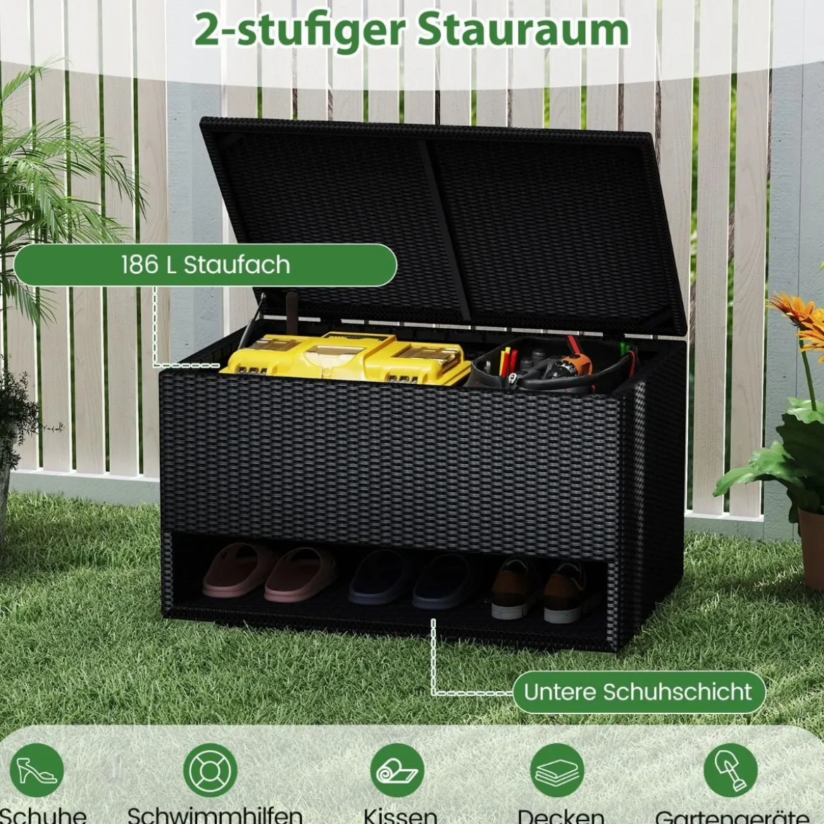 186L Gartenbox mit Schuhregal & Schutzliner & Deckel Polyrattan Auflagenbox Kissenbox Schwarz