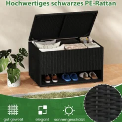 186L Gartenbox mit Schuhregal & Schutzliner & Deckel Polyrattan Auflagenbox Kissenbox Schwarz