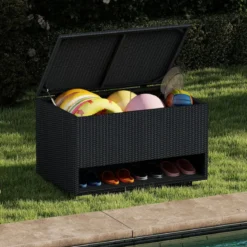 186L Gartenbox mit Schuhregal & Schutzliner & Deckel Polyrattan Auflagenbox Kissenbox Schwarz