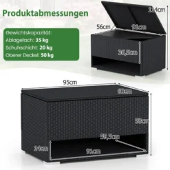 186L Gartenbox mit Schuhregal & Schutzliner & Deckel Polyrattan Auflagenbox Kissenbox Schwarz