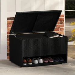 186L Gartenbox mit Schuhregal & Schutzliner & Deckel Polyrattan Auflagenbox Kissenbox Schwarz