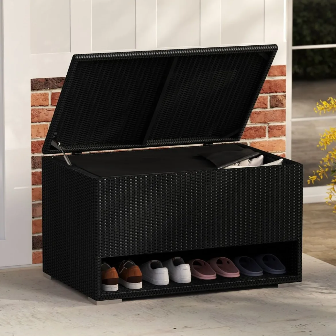 186L Gartenbox mit Schuhregal & Schutzliner & Deckel Polyrattan Auflagenbox Kissenbox Schwarz