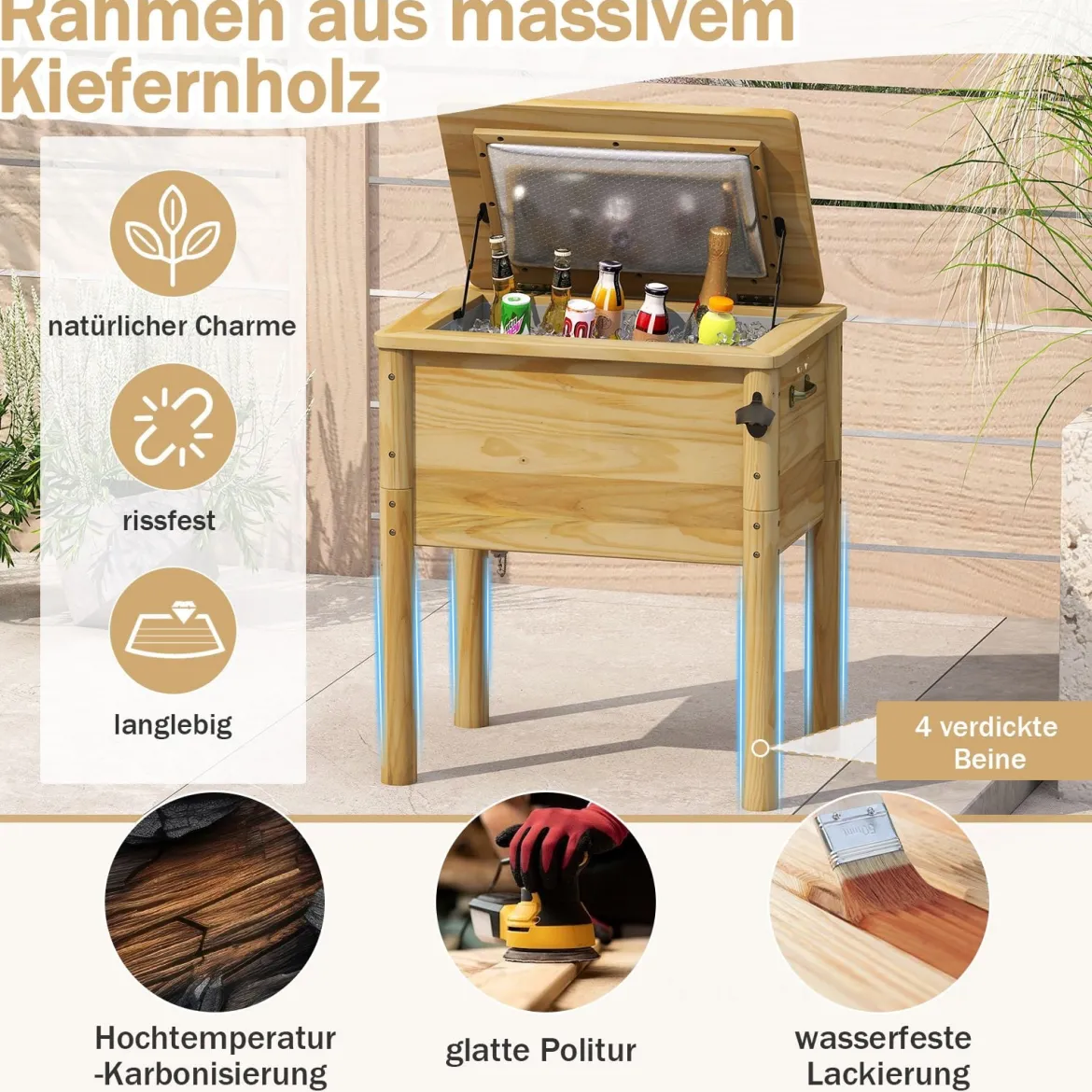 51 L Holz Getränkekühler mit 3 Griffen & Flaschenöffner Terrassenkühler Rustikale Eistruhe