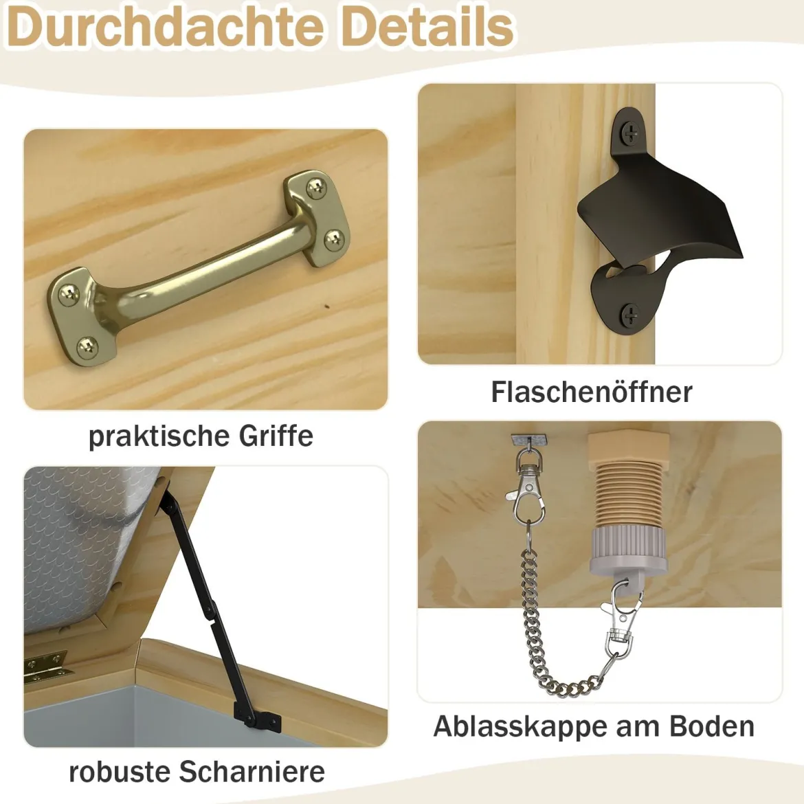 51 L Holz Getränkekühler mit 3 Griffen & Flaschenöffner Terrassenkühler Rustikale Eistruhe