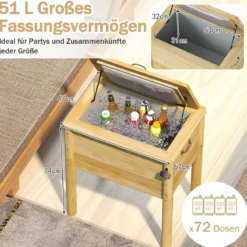 51 L Holz Getränkekühler mit 3 Griffen & Flaschenöffner Terrassenkühler Rustikale Eistruhe