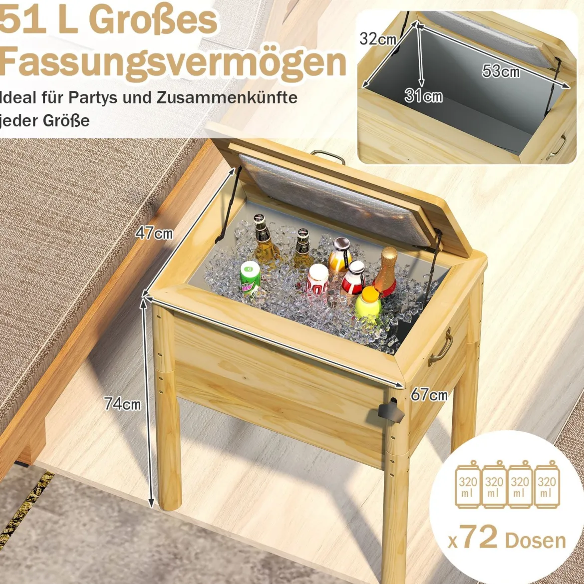 51 L Holz Getränkekühler mit 3 Griffen & Flaschenöffner Terrassenkühler Rustikale Eistruhe